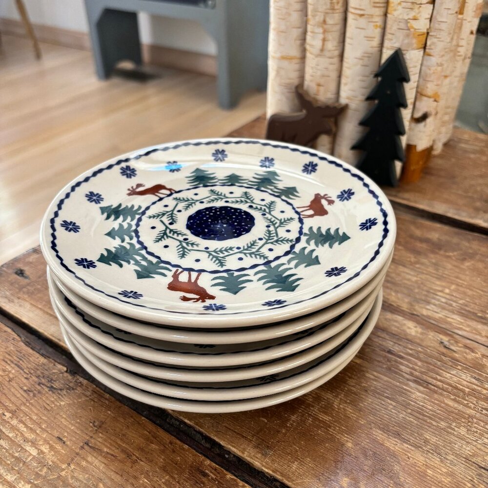 Polish Pottery Boleslawiec Small Plates x 6 Deer/Elk/Moose Design